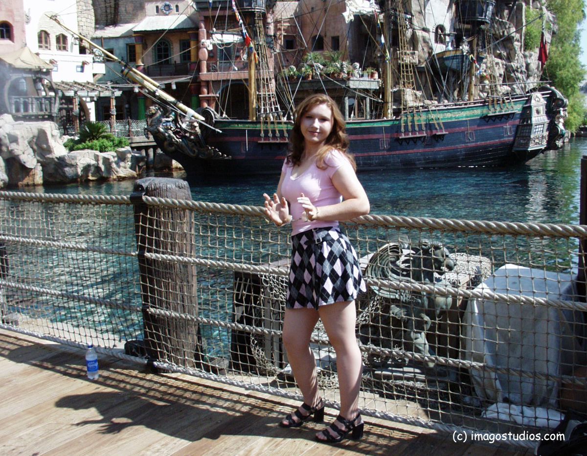 In front of the pirate ships at Treasure Island 